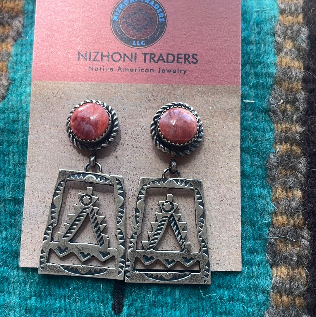 Beautiful Navajo Sterling Silver & Red Spiny Dangle Earrings Signed