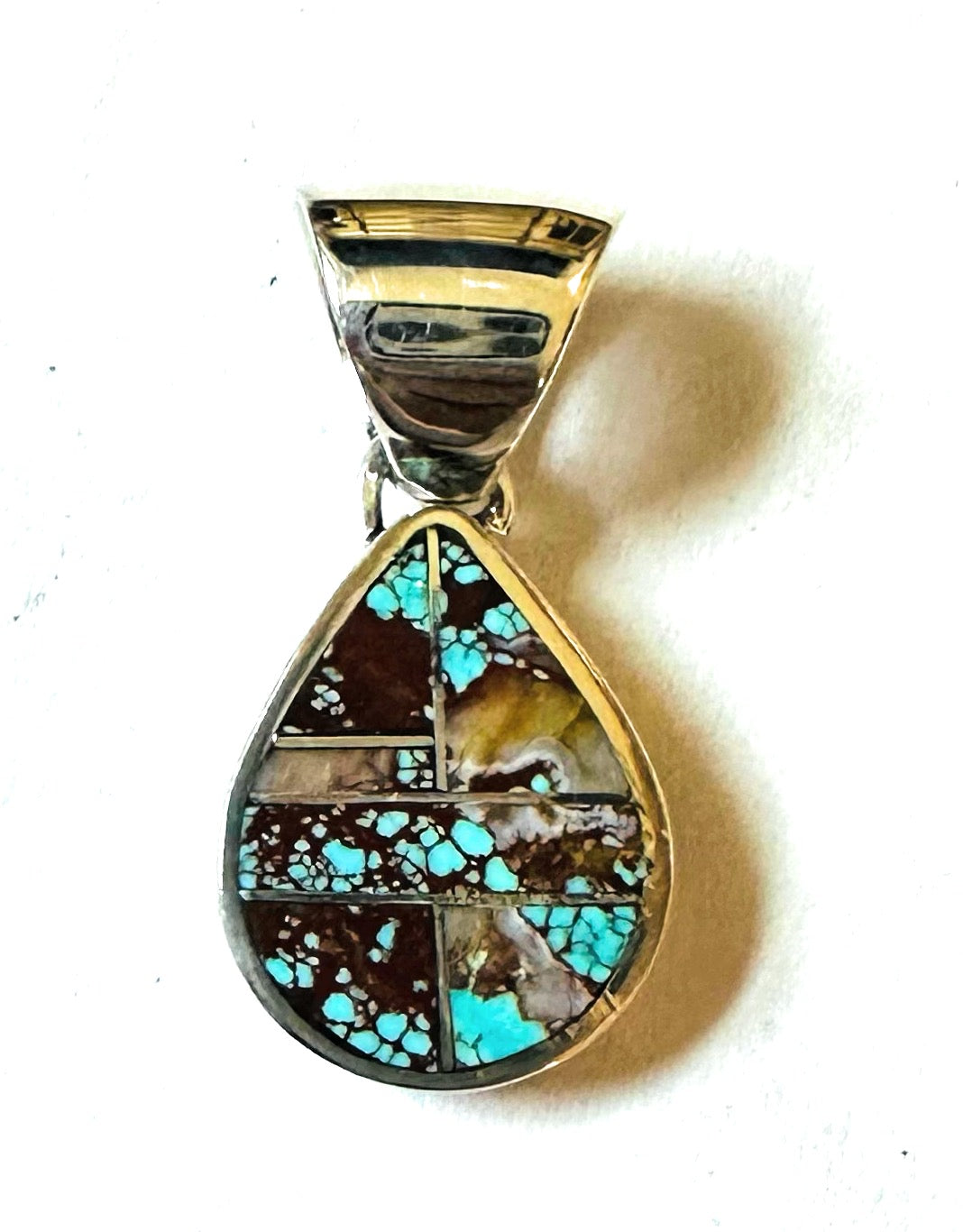 Handcrafted Number 8 Turquoise & Sterling Silver Teardrop Inlay Pendant