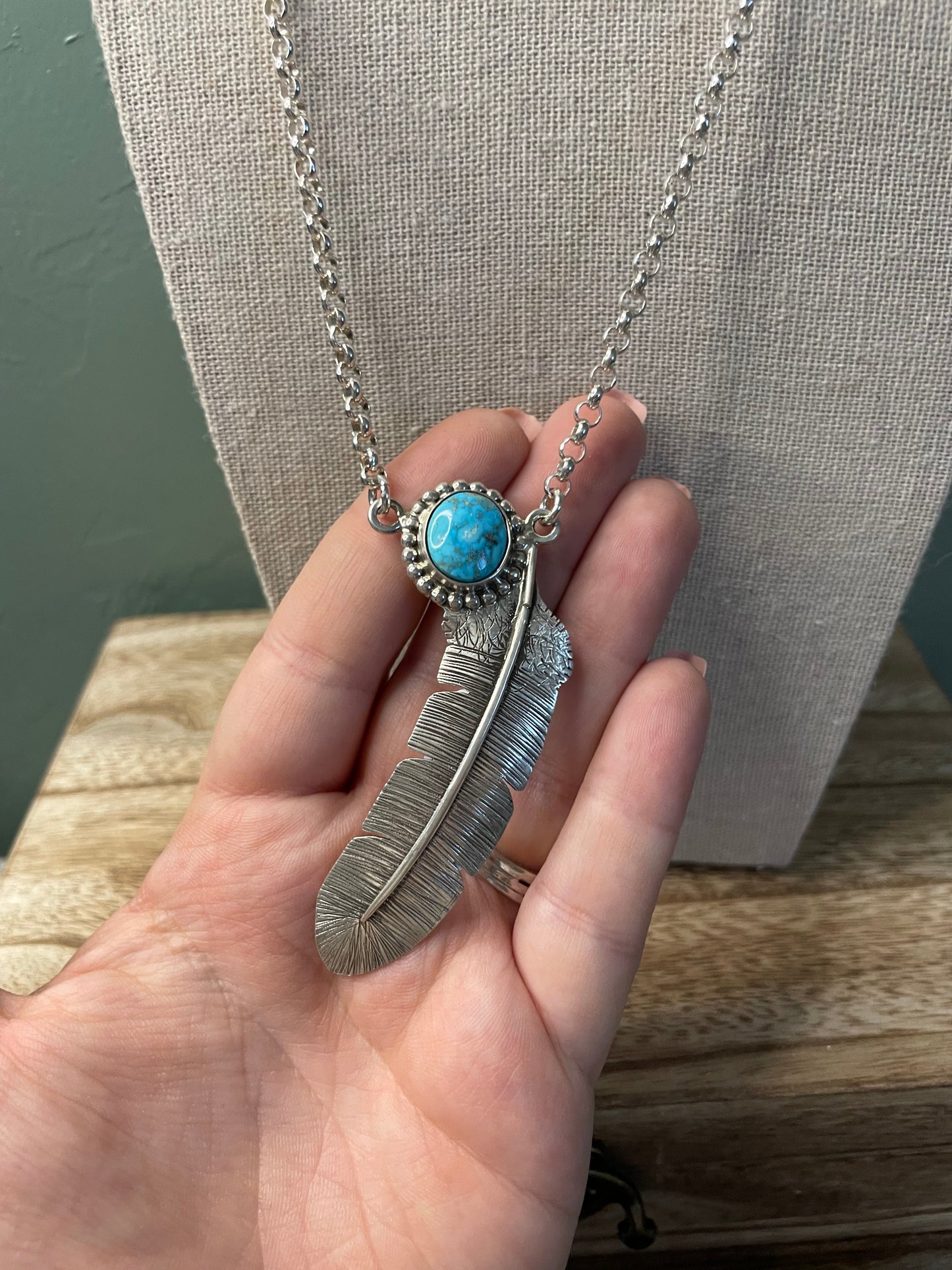 Navajo Sterling Silver And Turquoise Feather Necklace Signed And Stamped