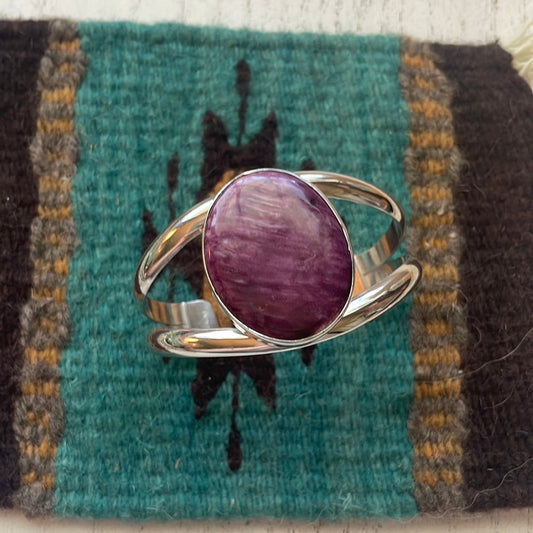 Handcrafted Sterling Silver & Purple Spiny Cuff Bracelet Signed