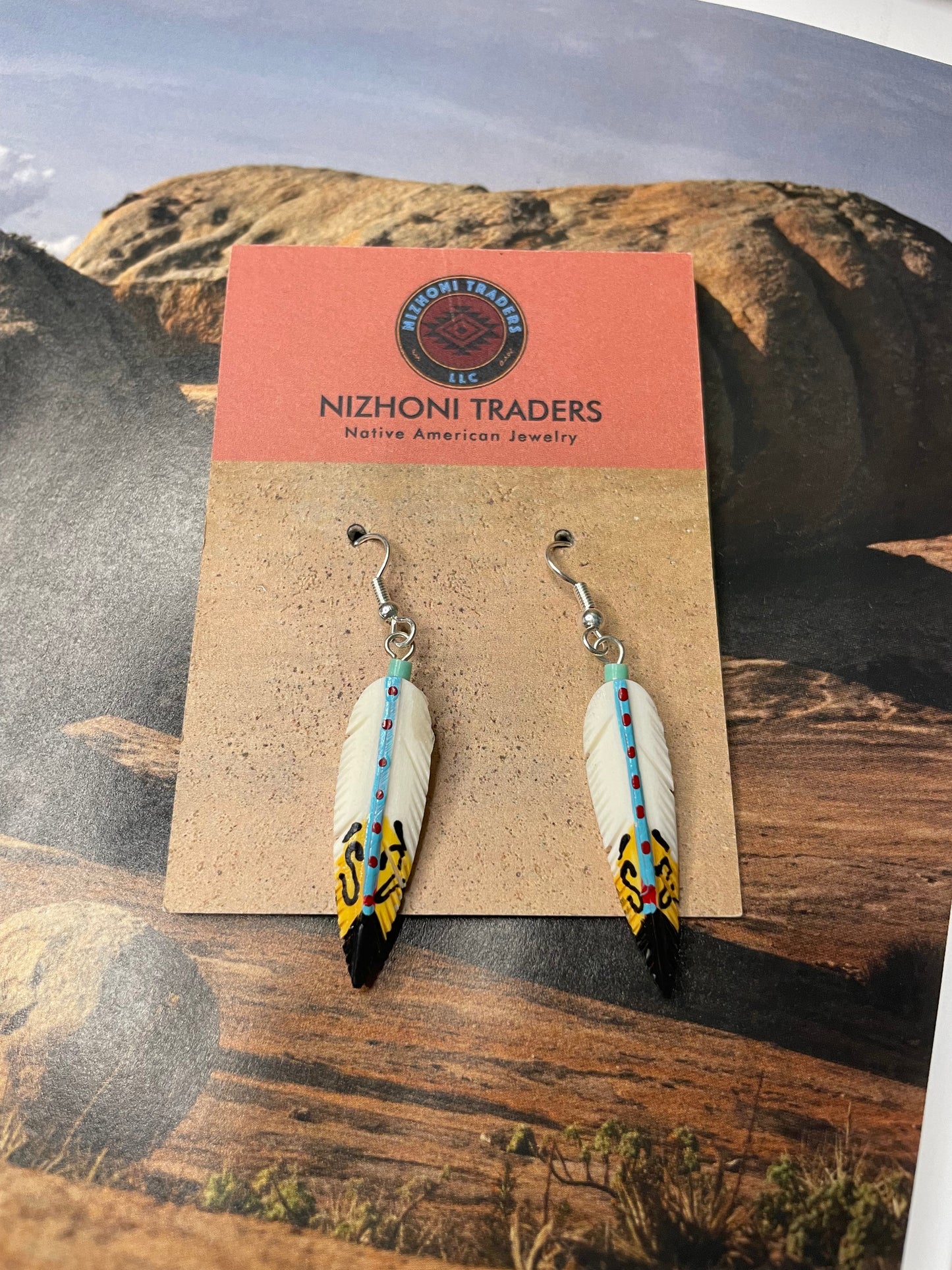 Handcrafted Feather Turquoise Sterling Silver Dangle Earrings