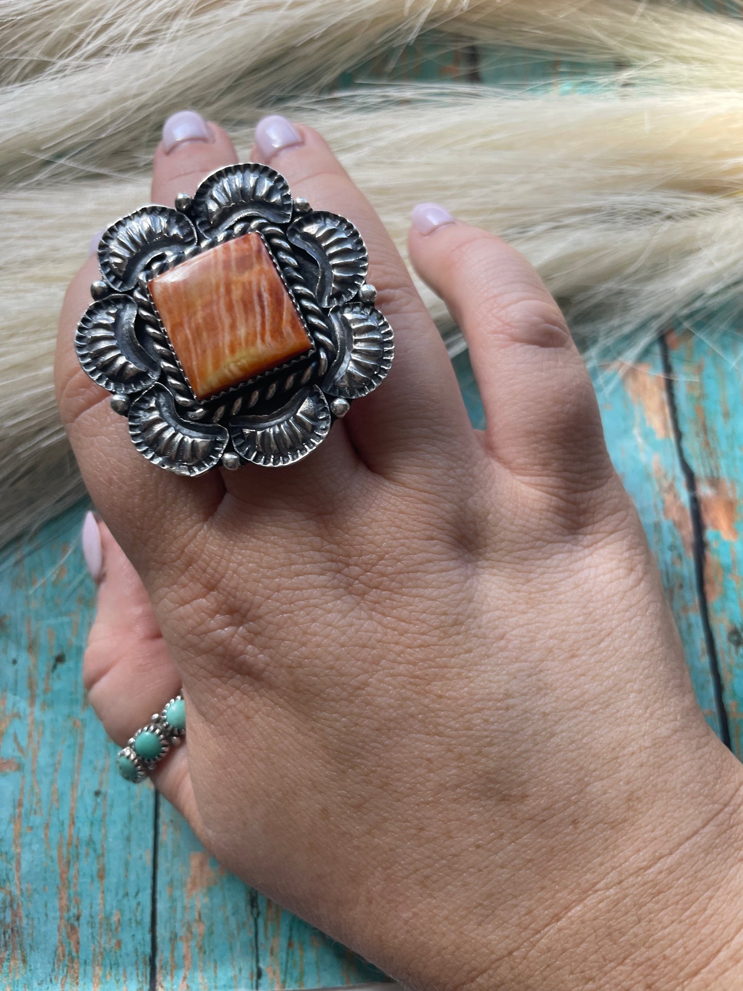 Kevin Billah Handcrafted Sterling & Orange Spiny Flower Ring Adjustable