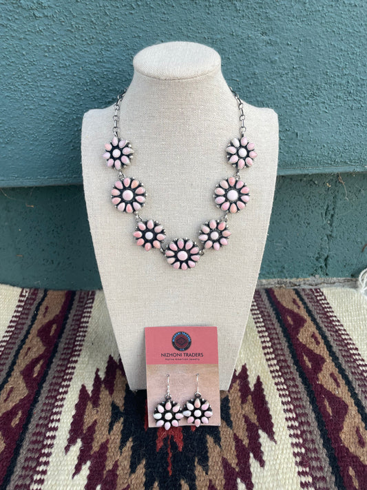 “The Delaney” Handcrafted Queen Pink Conch Shell And Sterling Silver Necklace Earrings Set Signed