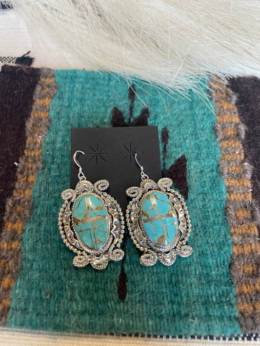 Handcrafted Number 8 Turquoise & Sterling Silver Dangle Earrings Signed