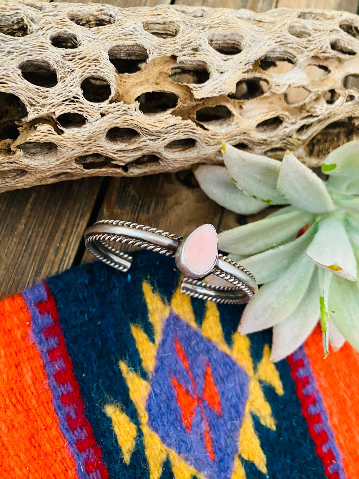 Navajo Queen Pink Conch Shell & Sterling Silver Cuff Bracelet