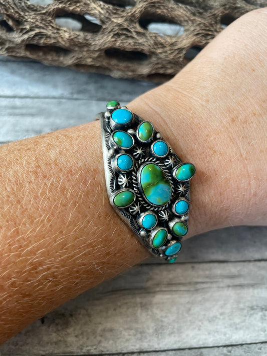 Beautiful Handcrafted Sterling Sonoran Mountain Turquoise Adjustable Bracelet Cuff /