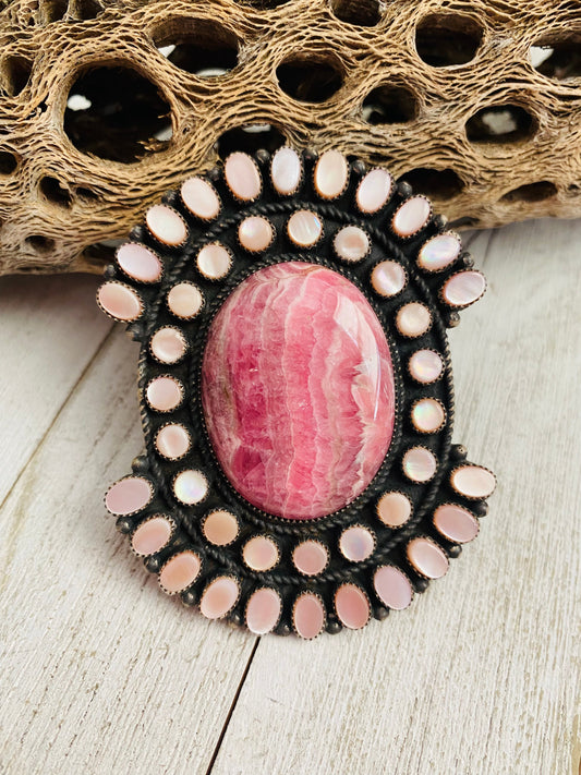 Handcrafted Sterling Silver, Mother of Pearl & Rhodochrosite Cluster Adjustable Ring