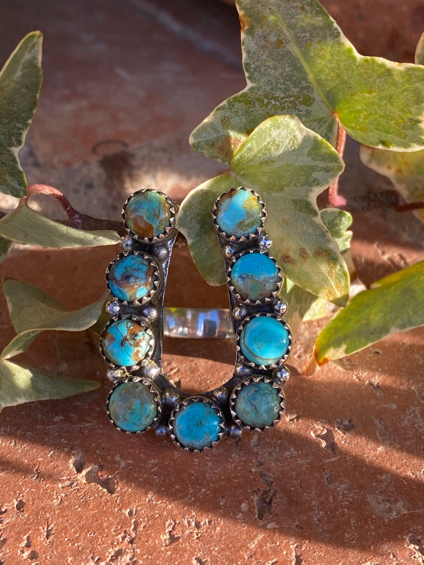 Handmade Horseshoe Sterling Silver & Natural Royston Turquoise Cluster Ring