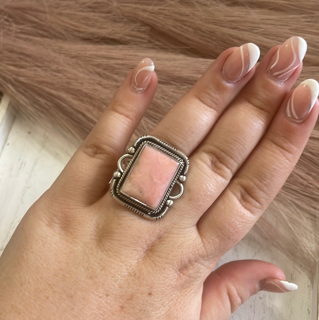 Gorgeous Navajo Pink Peruvian Opal And Sterling Silver Adjustable Ring