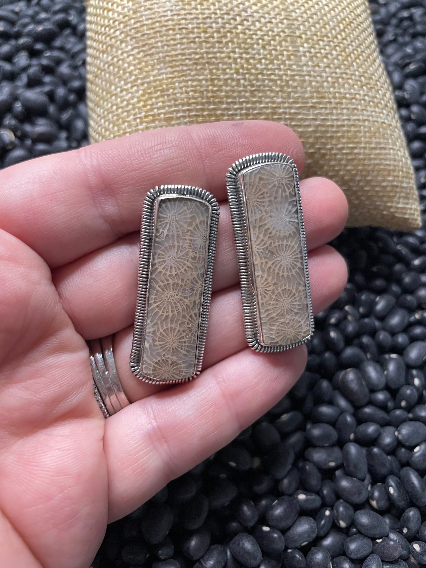 Navajo Fossilized Coral & Sterling Silver Post Earrings Signed