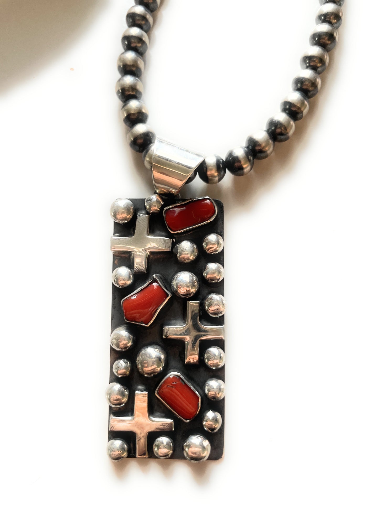 Navajo Sterling Silver & Coral Cross Rectangle Pendant By Chimney Butte