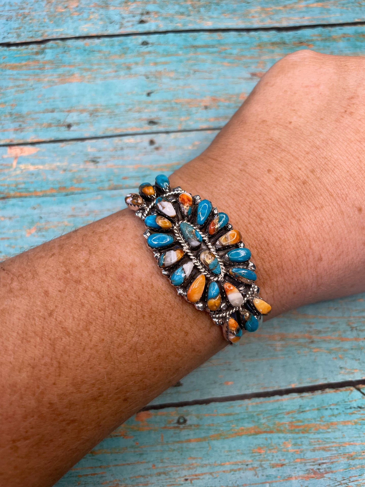 Navajo Multi Stone Spice And Sterling Silver Cluster Bracelet Cuff