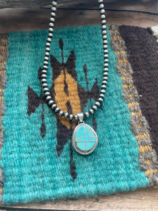 Handcrafted Number 8 Turquoise Inlay & Sterling Silver Pendant Signed