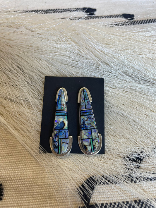 Handcrafted Blue Opal Inlay & Sterling Silver Dangle Earrings Signed VS