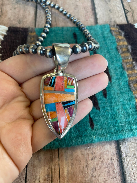 Handcrafted Multi Stone Inlay & Sterling Silver Pendant Signed
