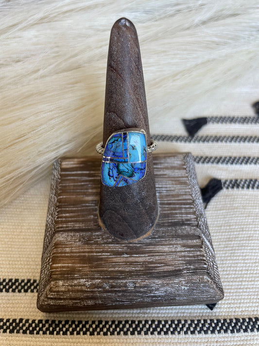 Handcrafted Sterling Silver & Blue Opal Inlay Ring Size 7