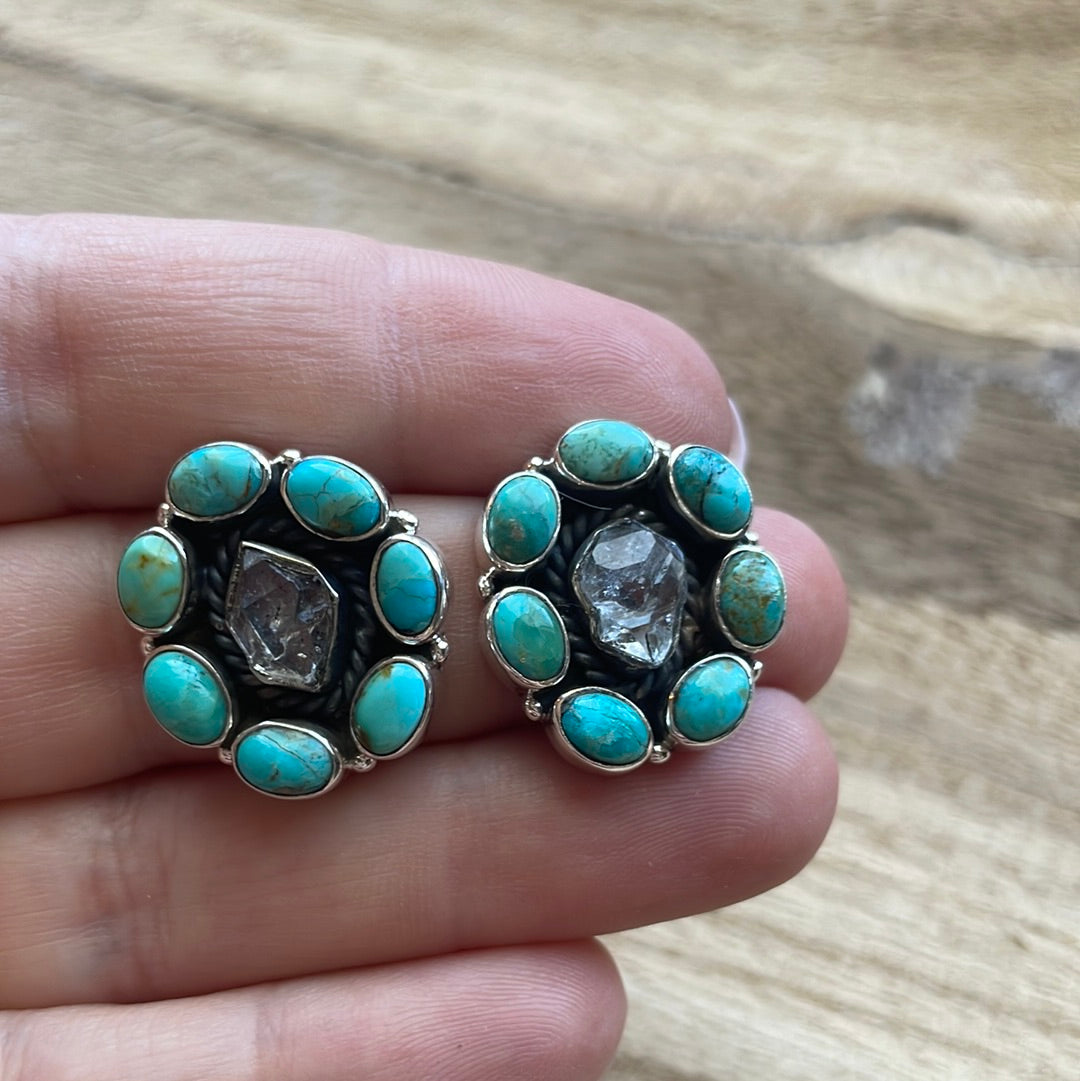 Handmade Turquoise, Herkimer Diamond And Sterling Silver Sedona Earrings Signed Nizhoni