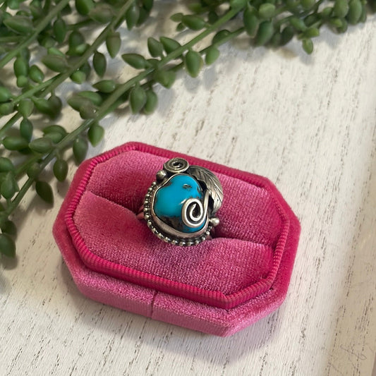 Handcrafted Turquoise & Sterling Silver Feather Ring Signed Size 8.75