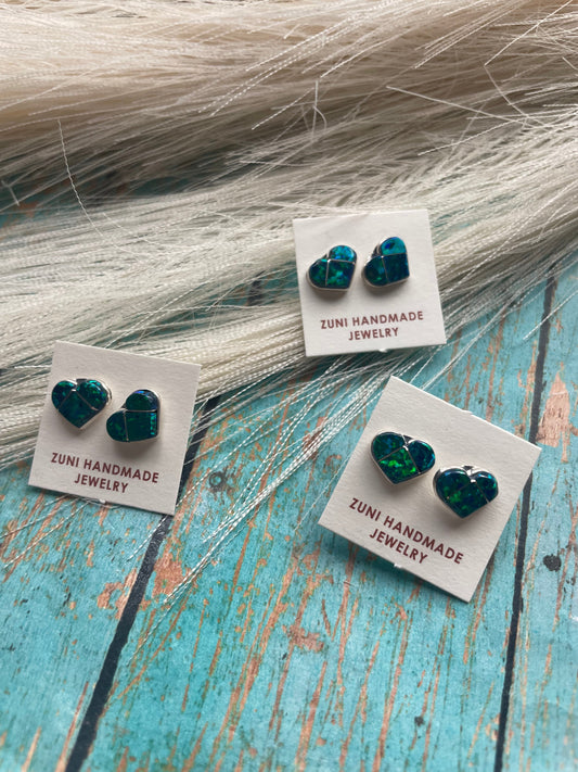 Handcrafted Sterling Silver & Dark Green Opal Inlay Heart Stud Earrings