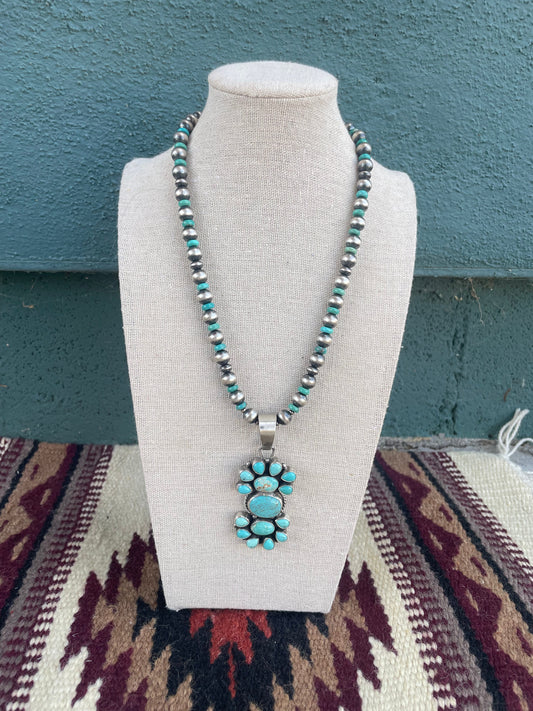 Beautiful Beaded Handcrafted Sterling Silver and Turquoise Necklace Signed Sheila Becenti