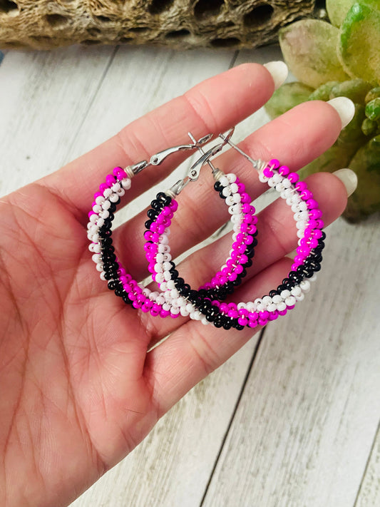 Handcrafted Handmade Beaded Hoop Earrings- pink, black