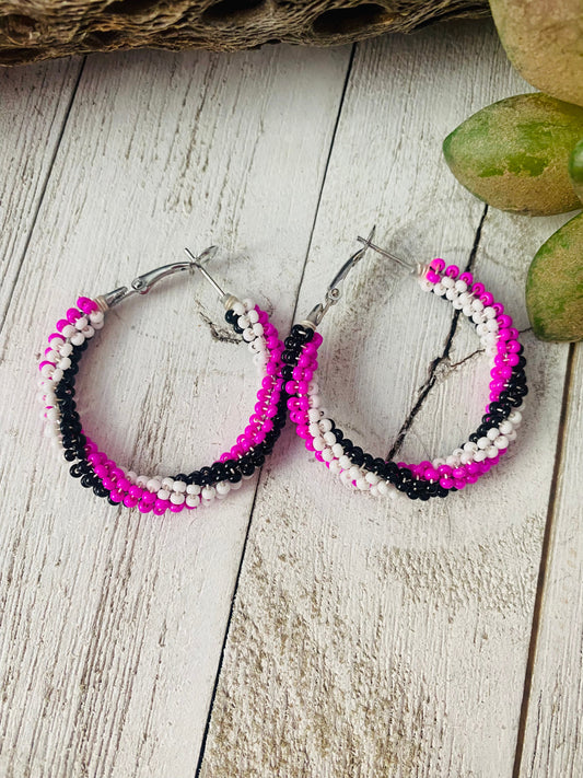 Handcrafted Handmade Beaded Hoop Earrings- pink, black