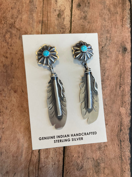 Handcrafted Sterling Silver Turquoise Feather Dangle Earrings