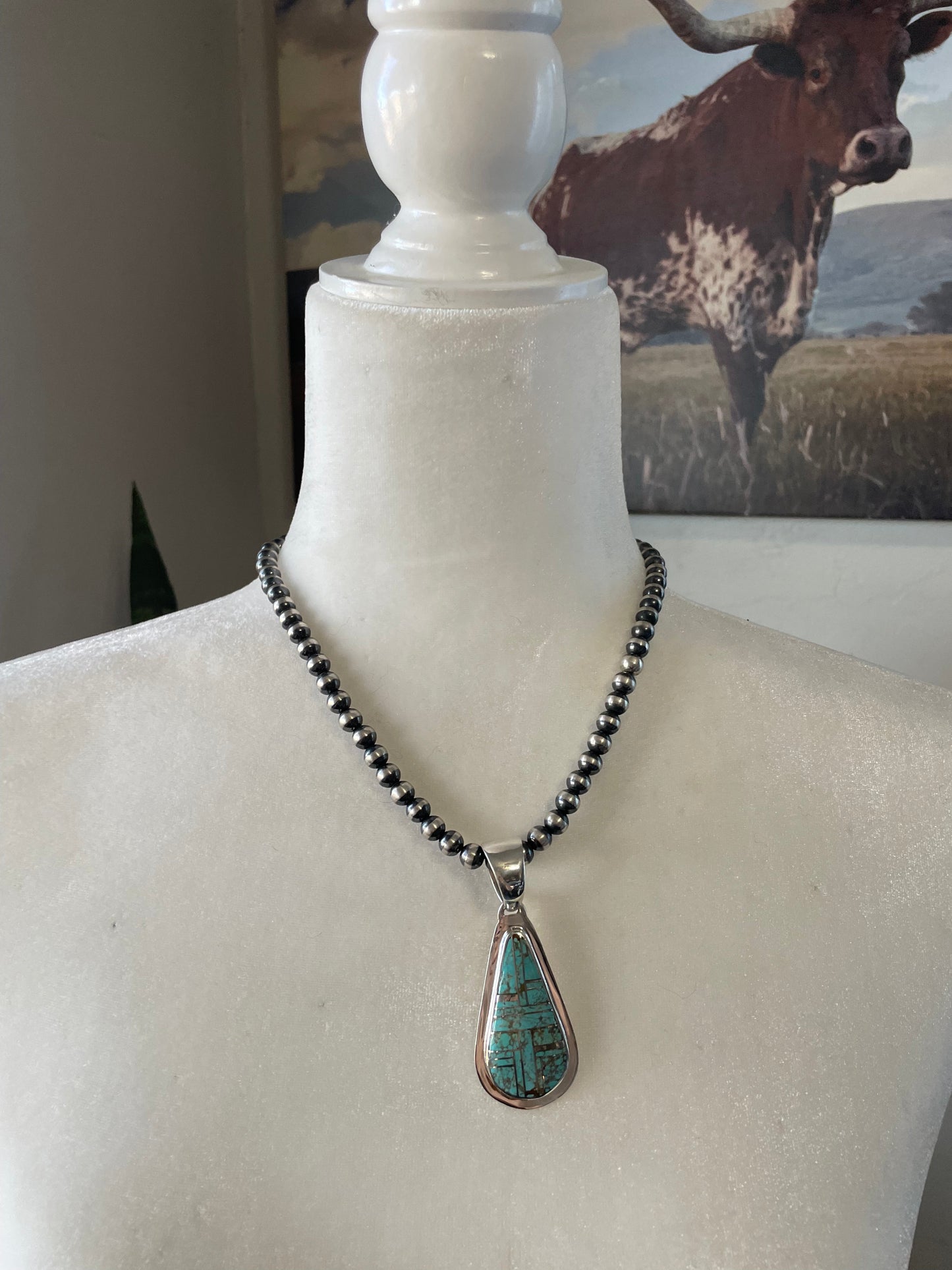 Handcrafted Number 8 Turquoise Inlay & Sterling Silver Pendant Signed