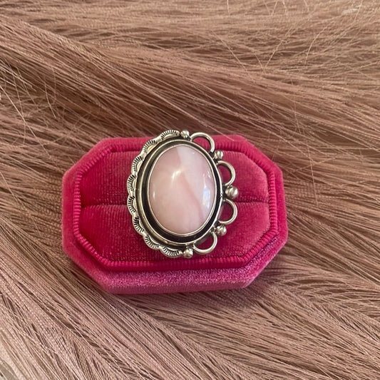 Gorgeous Handcrafted Pink Peruvian Opal And Sterling Silver Adjustable Ring