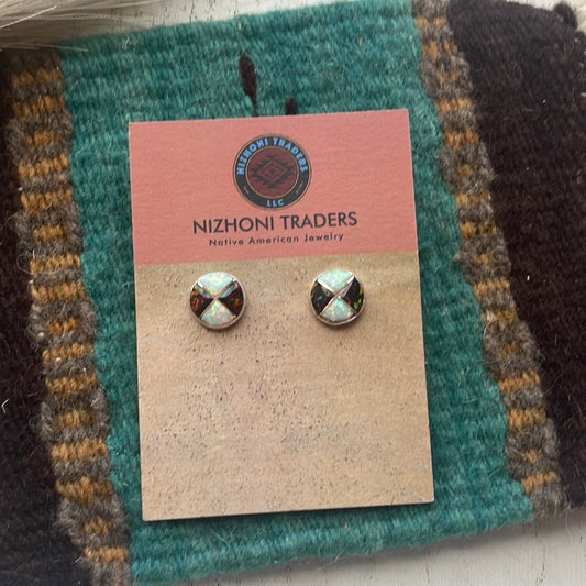 Handcrafted Red & White Opal Inlay & Sterling Silver Stud Earrings
