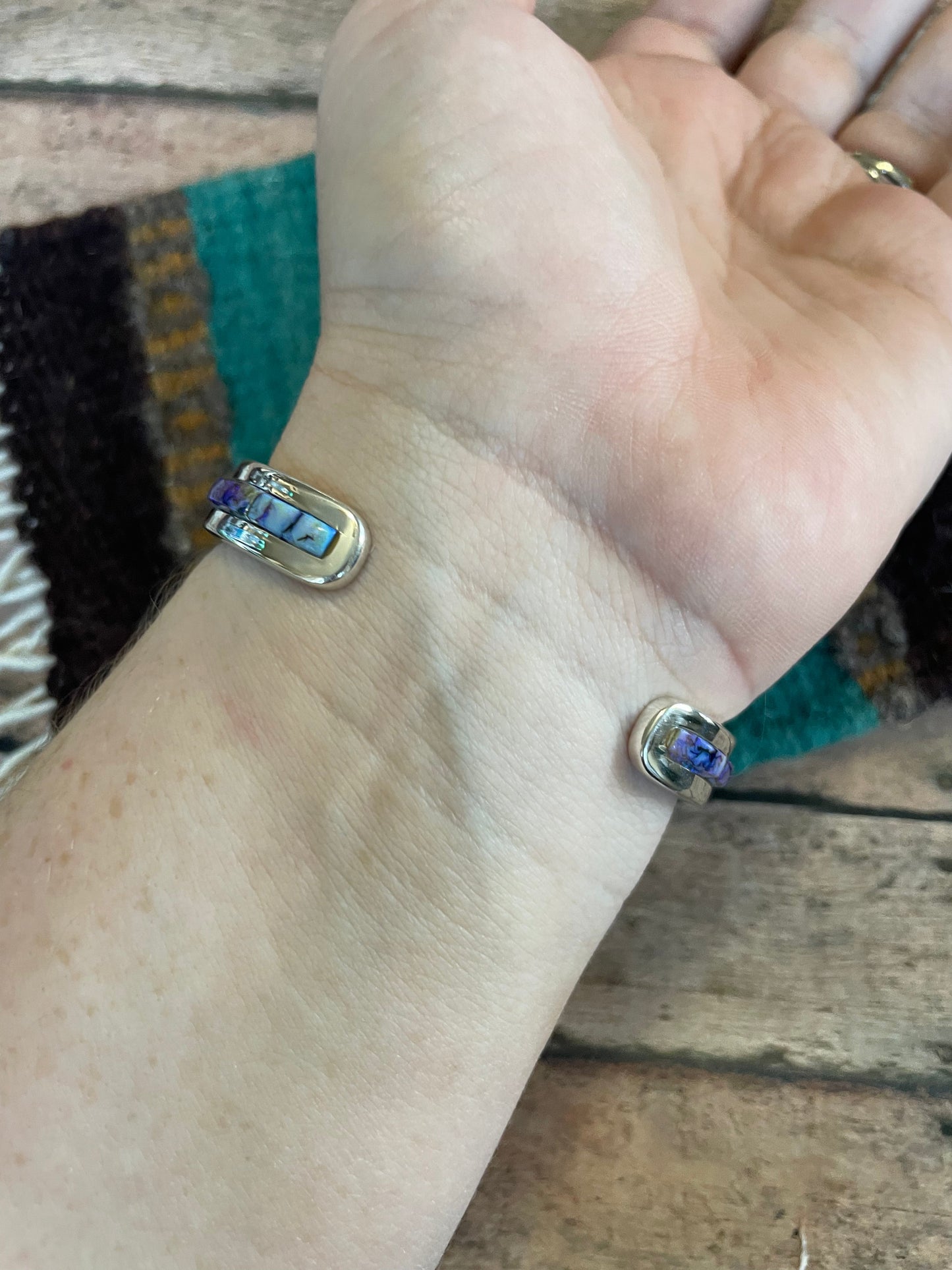 Handcrafted Handmade Sterling & Blue Opal Web Inlay Cuff Bracelet /