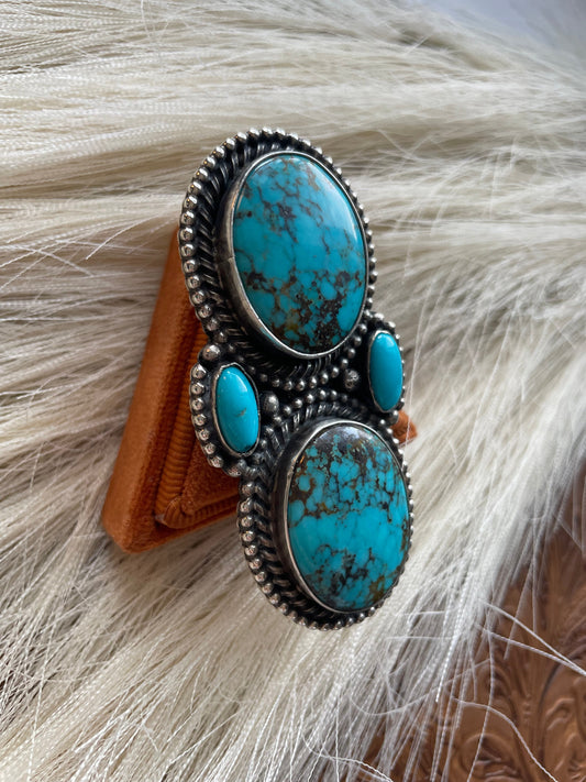 Handcrafted Sterling Silver And Turquoise Statement Adjustable Ring Signed