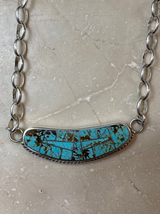 Navajo Sterling Silver & Turquoise Inlay Sleek Pendant Necklace
