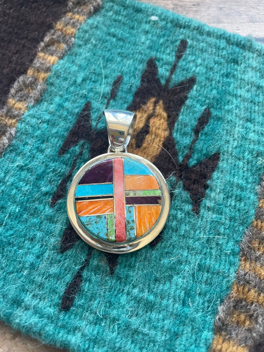 Handcrafted Multi Stone Inlay & Sterling Silver Circle Pendant