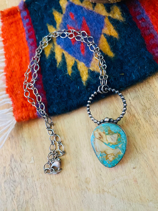Handcrafted Sterling Silver & Royston Turquoise Necklace Signed