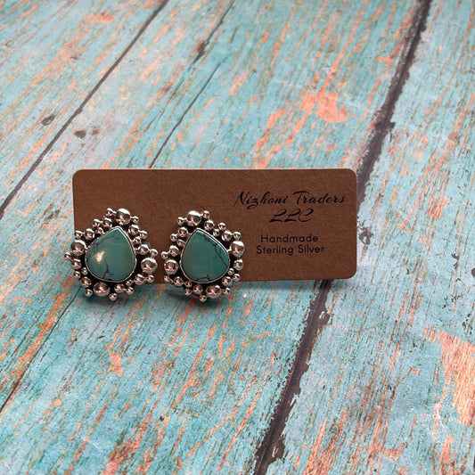 Handmade Turquoise and Sterling Silver Tear Drop or Oval Stud Earrings Signed Nizhoni