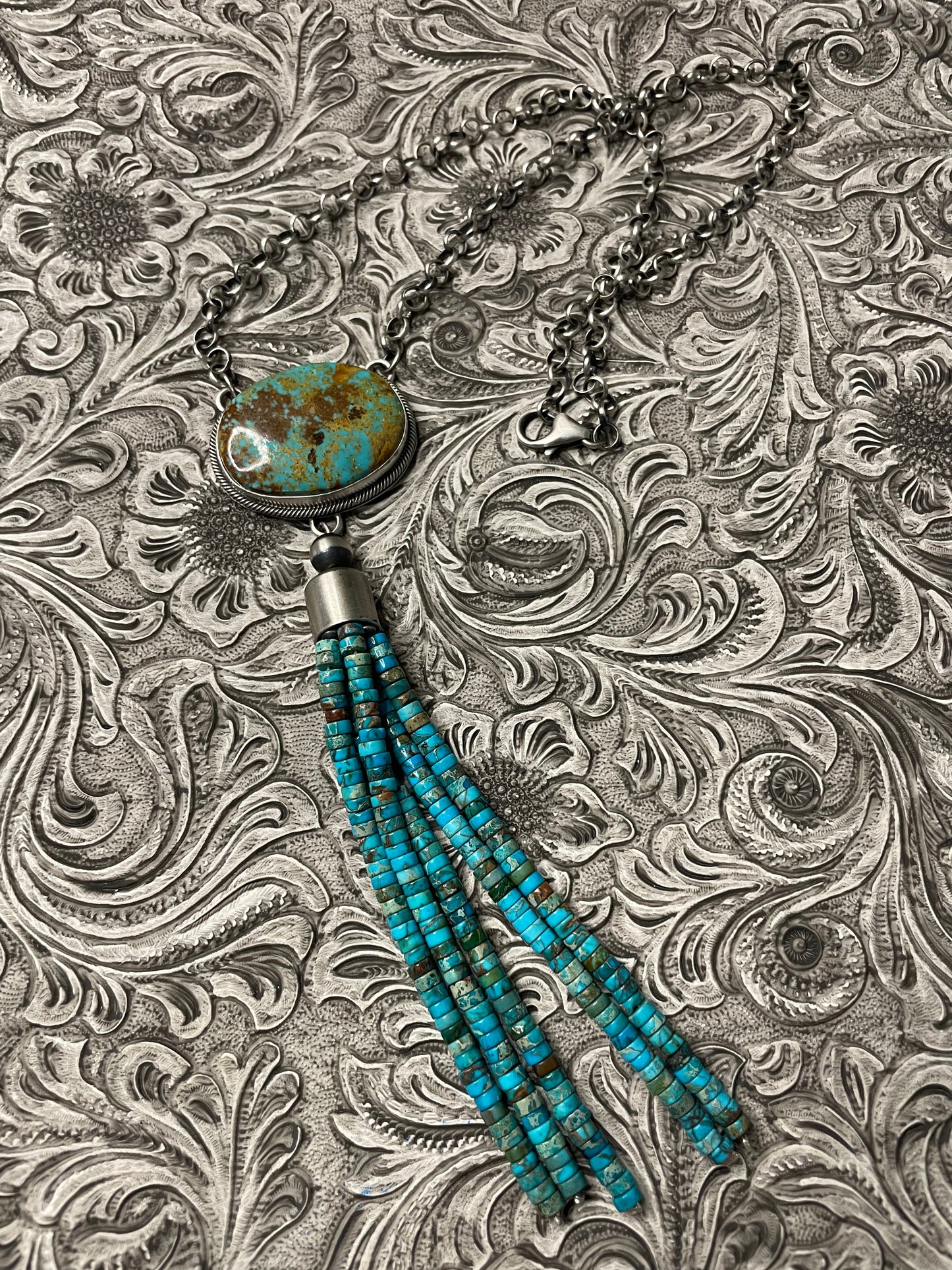 Handcrafted Turquoise & Sterling Silver Drop Necklace Signed Emer Thompson
