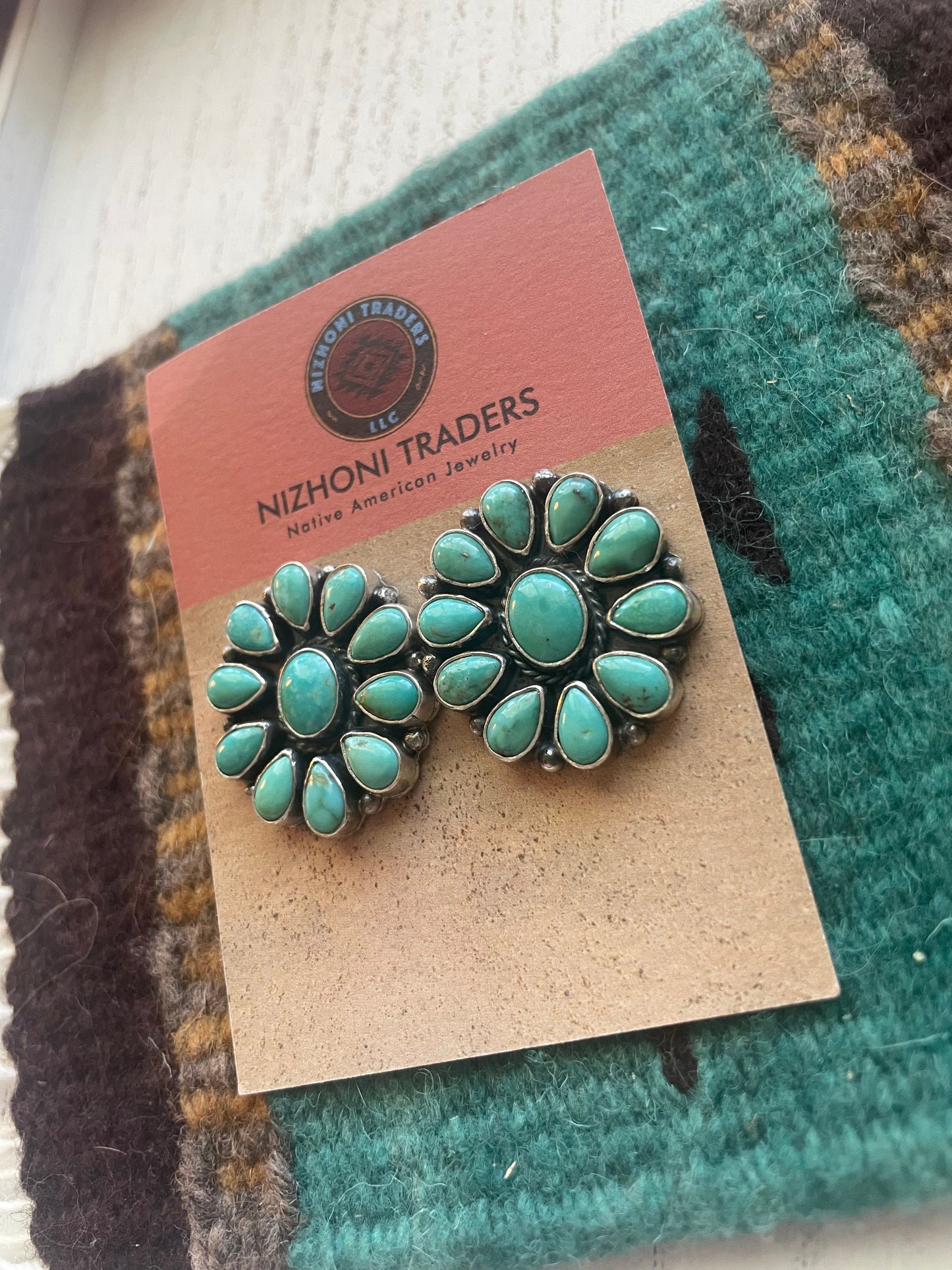 Navajo C Yazzie Sterling Silver & Turquoise Cluster Earrings Signed