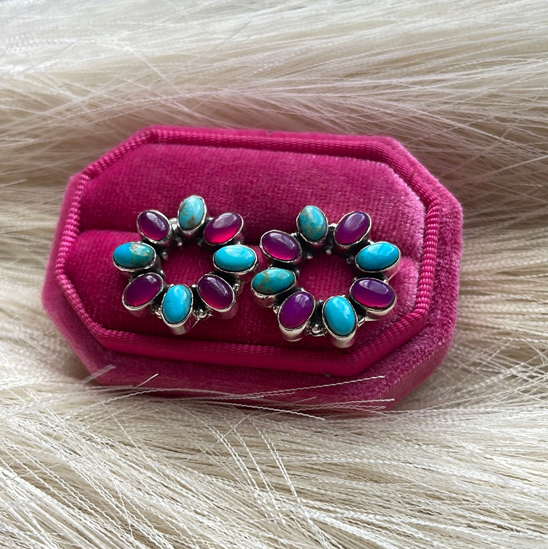 Handmade Pink Onyx, Turquoise & Sterling Silver Stud Flower Earrings Signed Nizhoni