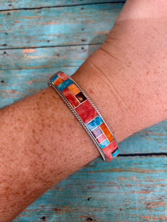 Handcrafted Turquoise & Spiny Inlay Sterling Silver Bangle