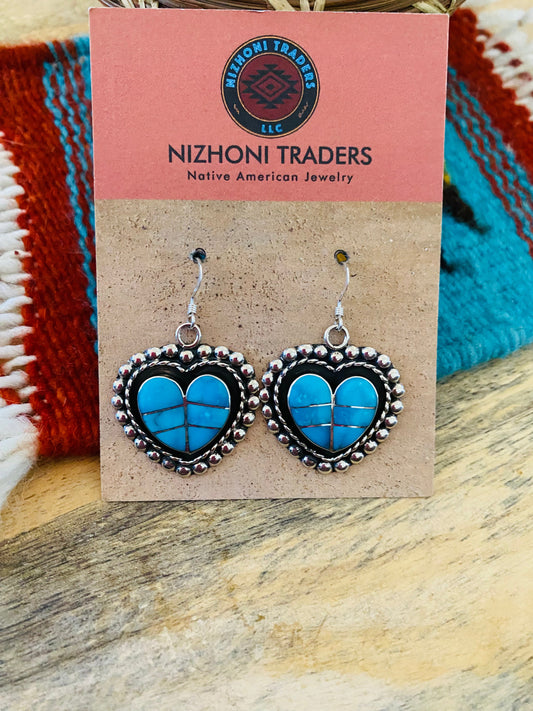 Handcrafted Sterling Silver & Turquoise Inlay Heart Dangle Earrings