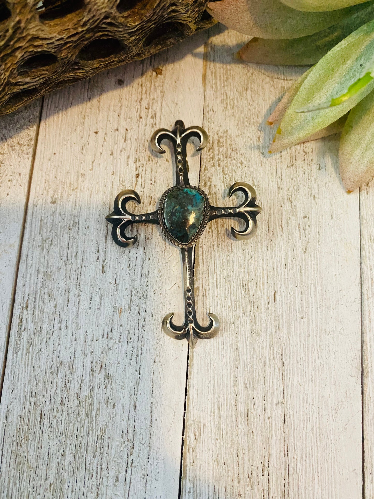 Handcrafted Sterling Silver & Royston Turquoise Cross Pendant By Martha Cayatineto