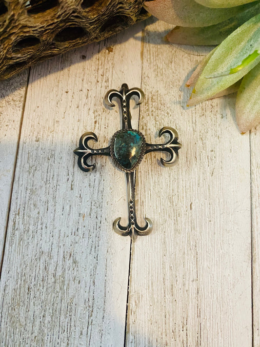 Handcrafted Sterling Silver & Royston Turquoise Cross Pendant By Martha Cayatineto