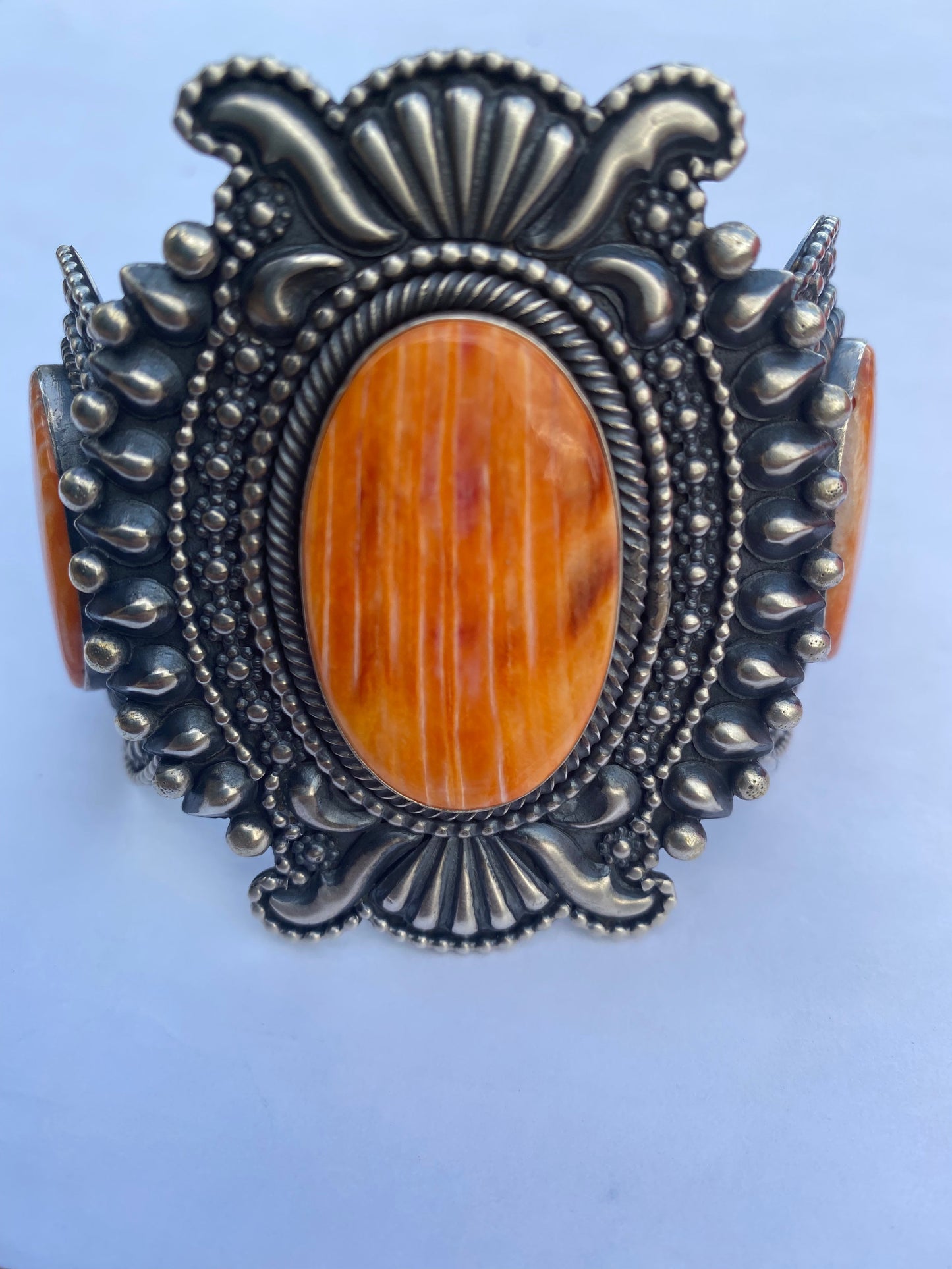 Beautiful Handcrafted Orange Spiny & Sterling Silver Cuff Bracelet Signed