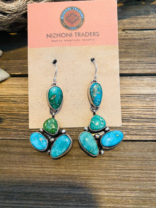 Navajo Multi Turquoise & Sterling Silver Cluster Dangle Earrings