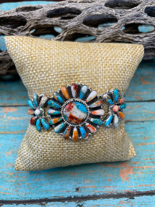 Handcrafted Multi Stone Spice And Sterling Silver Cluster Bracelet Cuff