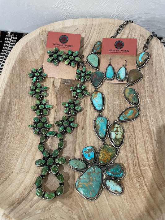 Sheila Becenti Handcrafted Sterling Silver Sonoran Mountain Turquoise Necklace & Earring Set
