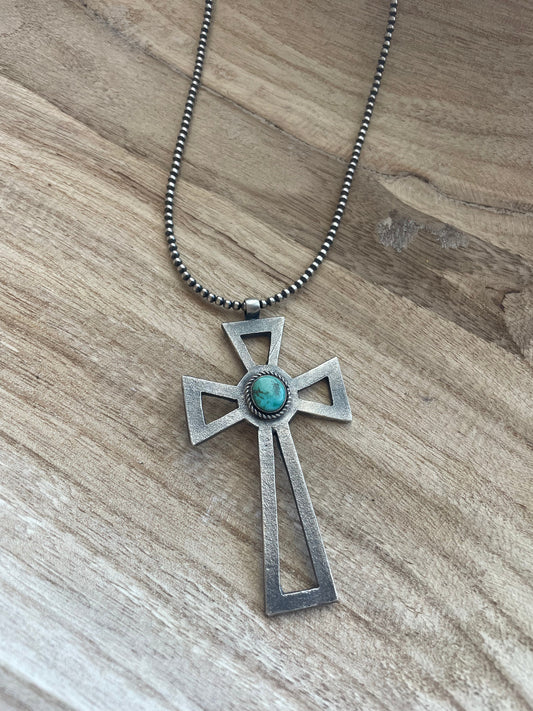Handcrafted Sterling Silver & Turquoise Cross Pendant Signed Eugene Mitchell