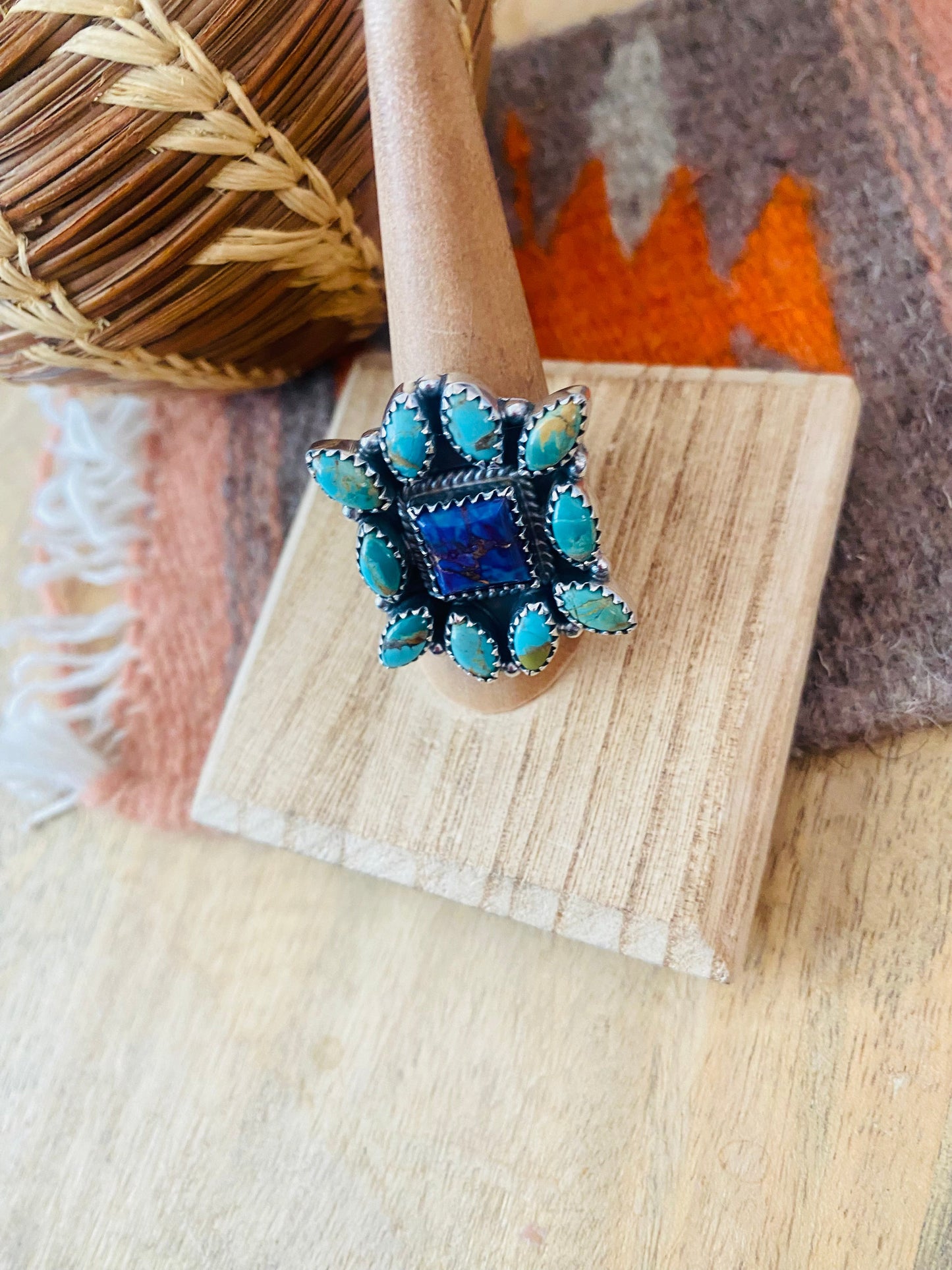 Handmade Sterling Silver, Turquoise & Purple Mojave Cluster Adjustable Ring