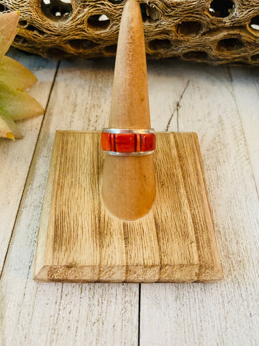 Handcrafted Sterling Silver & Orange Spiny Inlay Band Ring Size 6.5